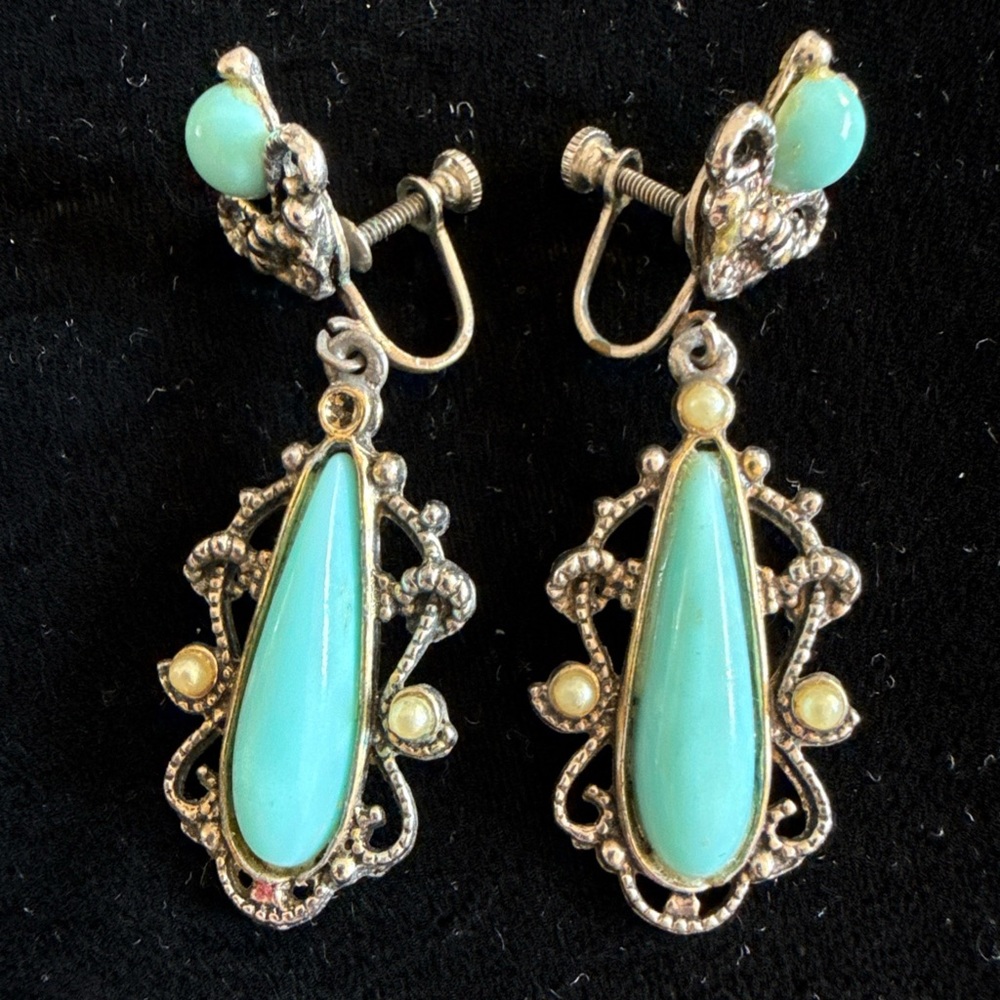 Vintage Blue and Silver Drop Earrings with Ornate Filigree screw on